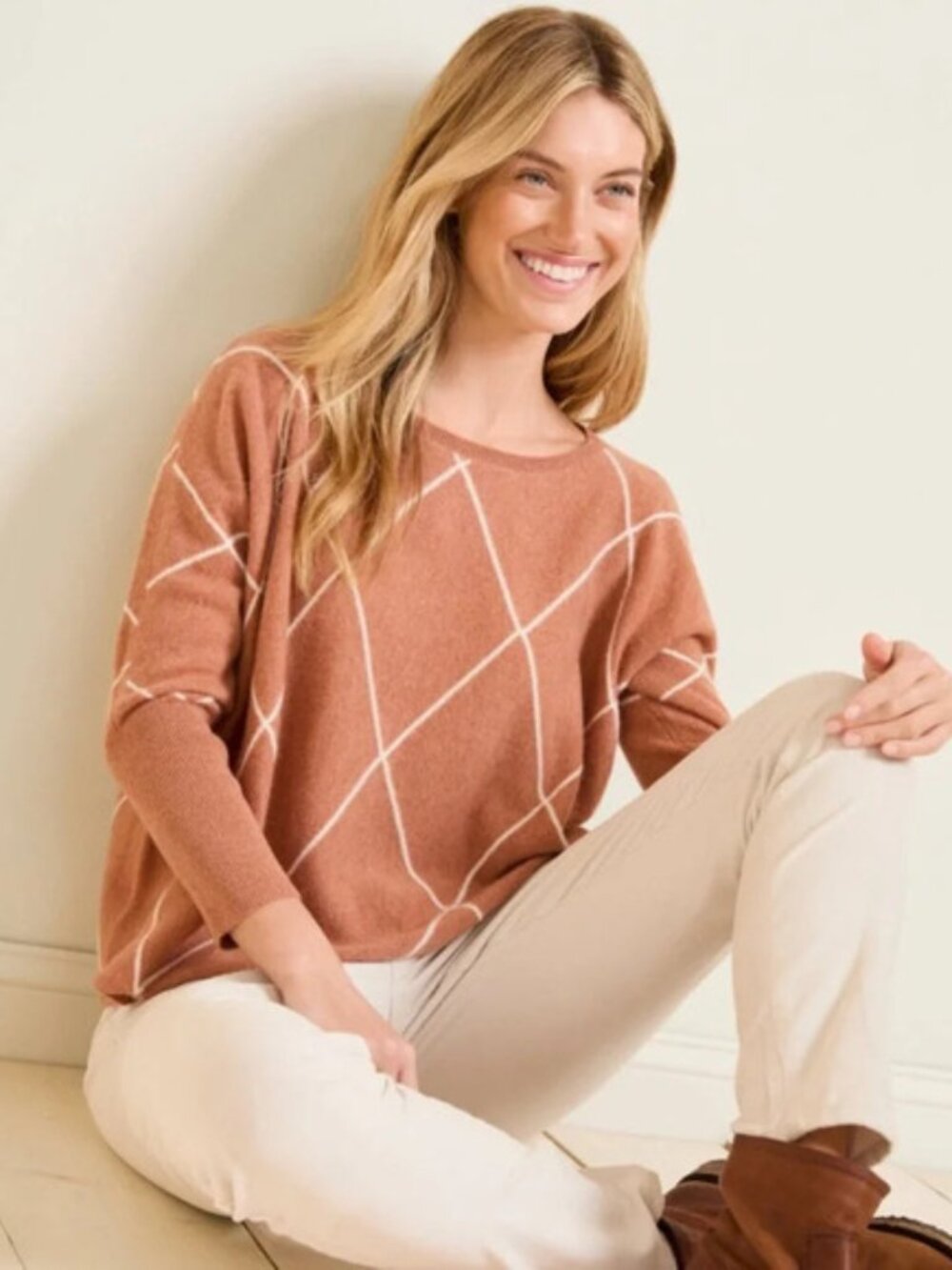 Garnet Hill Essential 100% Cashmere Cropped Sweater in Rouge Diamond Geo XS